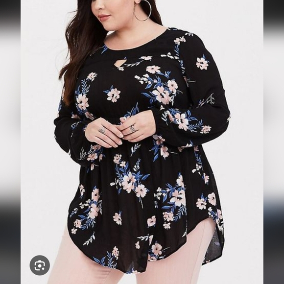 torrid Tops - Torrid black floral blouse asymmetrical long sleeve elasticated waist rayon 1.